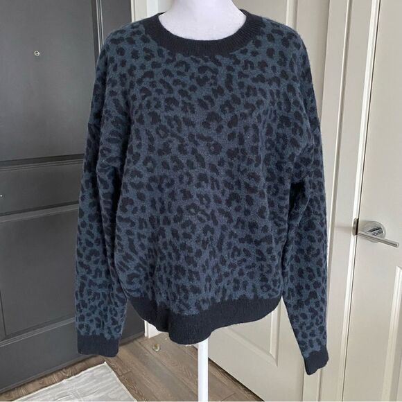 Rails Black and Navy Leopard Print Crewneck Wool & Cashmere Blend Sweater Size L - Picture 1 of 8